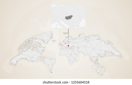 Map of Hungary with neighbor countries pinned on world map. Abstract triangles World Map.