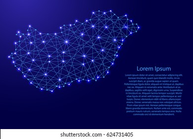 Map of Hungary from polygonal blue lines and glowing stars vector illustration