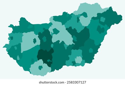 Map of Hungary with regions. Just a simple country border map with region division. Teal color palette. Blank Hungary shape with administrative division. Vector illustration.