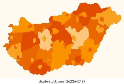 Mapa da Hungria com regiões. Apenas um simples mapa de fronteira de país com divisão de região. Paleta de cores laranja. Forma de Hungria plana com divisão administrativa. Ilustração vetorial.