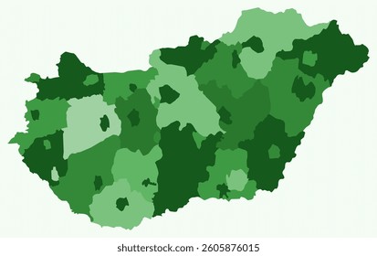 Map of Hungary with regions. A simple country border map with regional divisions. Green color palette. Blank Hungary shape with administrative division. Vector illustration.