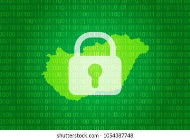 Map of Hungary. vector illustration with lock and binary code background. internet blocking,virus attack, privacy protect