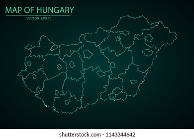 Map of Hungary,Green map on dark background of map of Hungary symbol for your web site design map. Vector illustration eps 10.