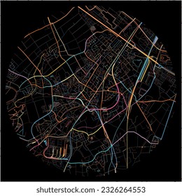 Map of Hurth, North Rhine-Westphalia with all major and minor roads, railways and waterways. Colorful line art on black background.