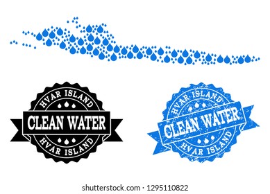 Map of Hvar Island vector mosaic and clean water grunge stamp. Map of Hvar Island created with blue liquid raindrops. Seal with scratched rubber texture for clean drinking water.