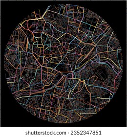 Map of Hyderabad, Telangana with all major and minor roads, railways and waterways. Colorful line art on black background.