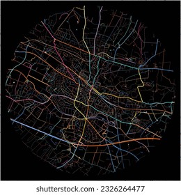 Map of Ibbenburen, North Rhine-Westphalia with all major and minor roads, railways and waterways. Colorful line art on black background.