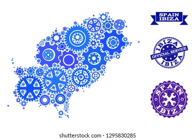 Map of Ibiza Island designed with blue wheel symbols, and isolated rubber watermarks for official repair services.