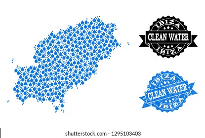 Map of Ibiza Island vector mosaic and clean water grunge stamp. Map of Ibiza Island designed with blue water drops. Seal with unclean rubber texture for natural drinking water.