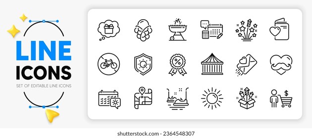 Map, Ice cream and Buyer line icons set for app include Fireworks stars, Account, Father day outline thin icon. Carousels, Bicycle prohibited, Fireworks rocket pictogram icon. Vector