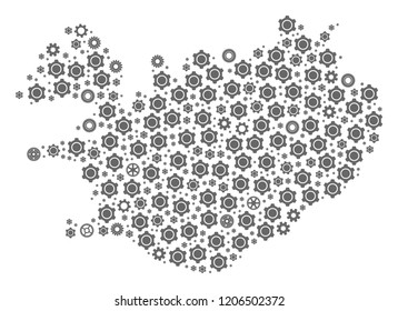 Map of Iceland composed with gray wheel symbols. Vector abstract collage of map of Iceland with mechanics symbols. Engineering flat design for industry projects.