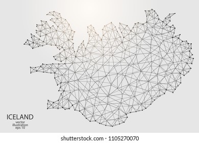 A map of Iceland consisting of 3D triangles, lines, points, and connections. Vector illustration of the EPS 10.
