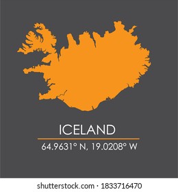 Mapa de Islandia en Europa con coordenadas aisladas en fondo gris oscuro