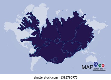 Map of Iceland, High Detailed Blue Map of Iceland isolated on white background, iceland map - blue pastel graphic background . Vector illustration eps 10. - Vector