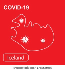 Map of Iceland labeled "Epidemic and Quarantine COVID-19." White outline map of Iceland on a red background. Vector illustration of a virus, coronavirus, epidemiology.