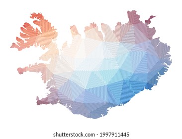 Map of Iceland. Low poly illustration of the country. Geometric design with stripes. Technology, internet, network concept. Vector illustration.