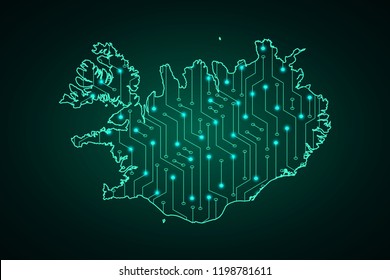 Map of Iceland, network line, design sphere, dot and structure on dark background with Map Iceland, Circuit board. Vector illustration. Eps 10