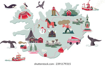 Map of iceland with pictos and symbols of the culture. Vector illustration, separated items. Whales, horses, cities, boats, road trip, vanlife.