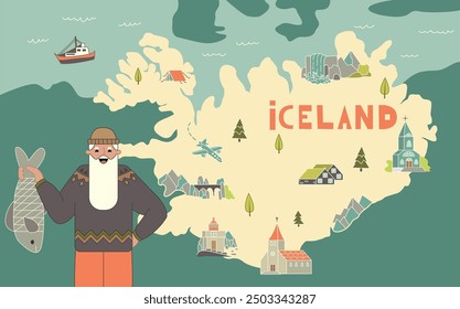 Map of iceland with pictures and symbols of the culture. Vector illustration, separated items. 
Iceland attractions. Church, lighthouse, houses, waterfall, tent, fisherman