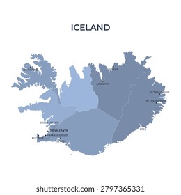 Map of ICELAND with Regions Borders and Famous Cities