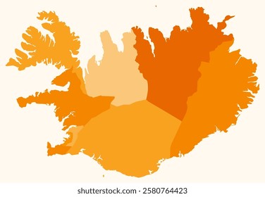 Map of Iceland with regions. Just a simple country border map with region division. Orange color palette. Flat Iceland shape with administrative division. Vector illustration.