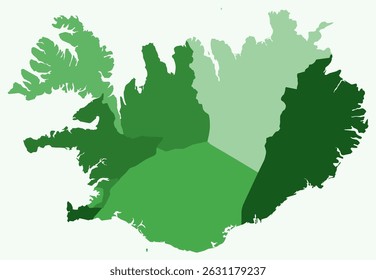 Mapa da Islândia com regiões. Apenas um simples mapa de fronteira de país com divisão de região. Paleta de cores verde. Forma de Islândia em branco com divisão administrativa. Ilustração vetorial.