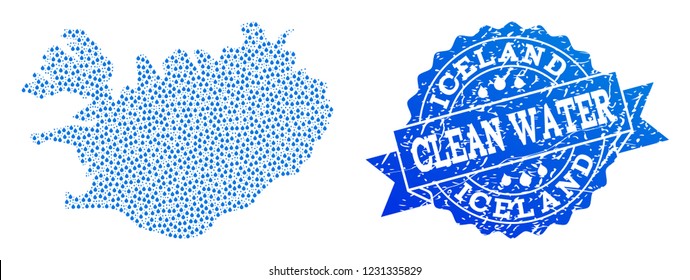 Map of Iceland vector mosaic and clean water grunge stamp. Map of Iceland composed with blue water raindrops. Seal with grunge rubber texture for clean drinking water.
