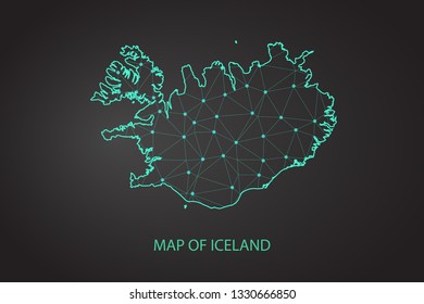 Map of Iceland. Wire frame 3D mesh polygonal network line, design sphere, dot and structure. communications map of Iceland. Vector Illustration EPS10. - Vector