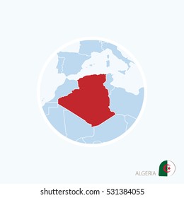 Map icon of Algeria. Blue map of Africa with highlighted Algeria in red color. Vector Illustration.