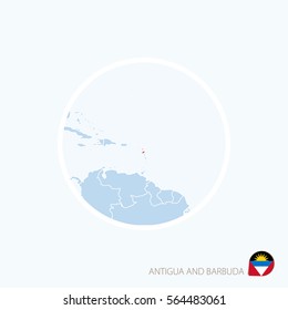 Map icon of Antigua and Barbuda. Blue map of Caribbean with highlighted Antigua and Barbuda in red color. Vector Illustration.