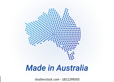 Map icon of Australia. Vector logo illustration with text Made in Australia. Blue halftone dots background. Round pixels. Modern digital graphic design. Light white backdrop