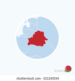 Map icon of Belarus. Blue map of Europe with highlighted Belarus in red color. Vector Illustration.