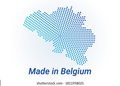 Map icon of Belgium. Vector logo with text Made in Belgium. Blue halftone dots background. Round pixels. Modern digital graphic design. Light white backdrop