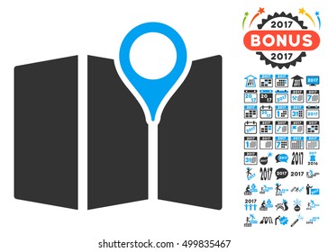 Map icon with bonus 2017 new year images. Vector illustration style is flat iconic symbols, blue and gray colors, white background.