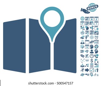 Map icon with bonus calendar and time service symbols. Vector illustration style is flat iconic symbols, cyan and blue colors, white background.