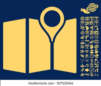 Map icon with bonus calendar and time management images. Vector illustration style is flat iconic symbols, yellow color, blue background.