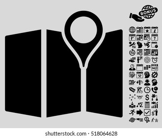 Map icon with bonus calendar and time service design elements. Vector illustration style is flat iconic symbols, black color, light gray background.