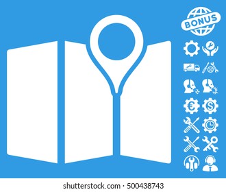 Map icon with bonus options clip art. Vector illustration style is flat iconic symbols, white color, blue background.