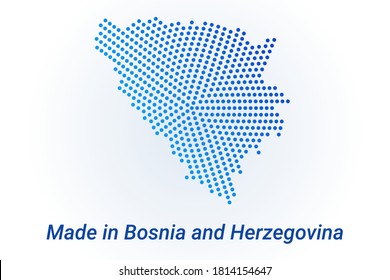 Map icon of Bosnia and Herzegovina. Vector logo illustration with text Made in Bosnia and Herzegovina. Blue halftone dots background. Round pixels. Modern digital graphic design. Light white backdrop
