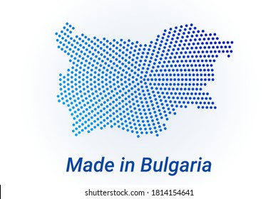 Map icon of Bulgaria. Vector logo illustration with text Made in Bulgaria. Blue halftone dots background. Round pixels. Modern digital graphic design. Light white backdrop