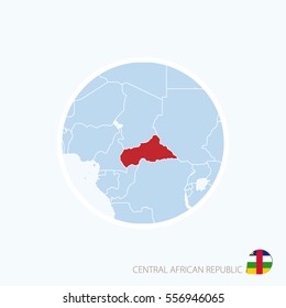 Map icon of Central African Republic. Blue map of Africa with highlighted CAR in red color. Vector Illustration.