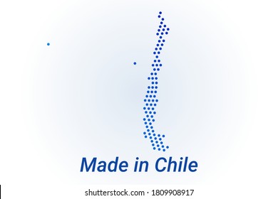 Map icon of Chile. Vector logo illustration with text Made in Chile. Blue halftone dots background. Round pixels. Modern digital graphic design. Light white backdrop