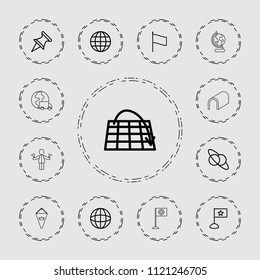 Map icon. collection of 13 map outline icons such as globe, planet and satellite, pin, flag, man with flags, tunnel. editable map icons for web and mobile.