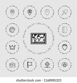 Map icon. collection of 13 map outline icons such as location, dollar location, flag, home, crown, passport, sale location, planet. editable map icons for web and mobile.