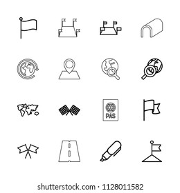 Map icon. collection of 16 map outline icons such as flag, locations, globe search, finish flag, pen, passport, tunnel, planet. editable map icons for web and mobile.