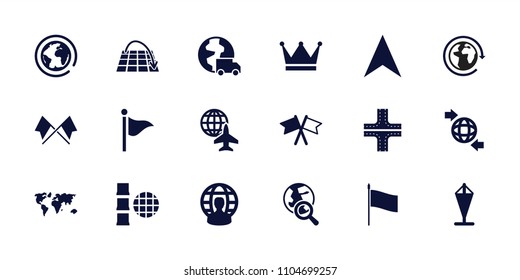 Map icon. collection of 18 map filled icons such as road, navigation arrow, qround the globe, internet, flag, user globe, crown, planet. editable map icons for web and mobile.