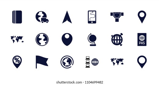 Map icon. collection of 18 map filled icons such as road, location pin, globe, planet, passport, international delivery, flag. editable map icons for web and mobile.
