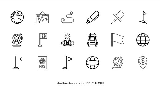 Map icon. collection of 18 map outline icons such as globe, flag, railway, gold flag, pen, passport, dollar location, pin. editable map icons for web and mobile.