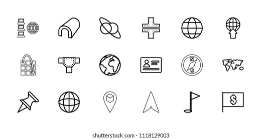 Map icon. collection of 18 map outline icons such as passport, tunnel, road, flag with dollar, planet and satellite, pin, planet, globe. editable map icons for web and mobile.