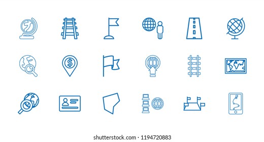 Map icon. collection of 18 map outline icons such as passport, dollar location, flag, railway, road, globe and man, locations. editable map icons for web and mobile.